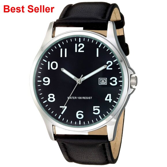 Men's 42mm Analog Watch with Black Faux Leather Band